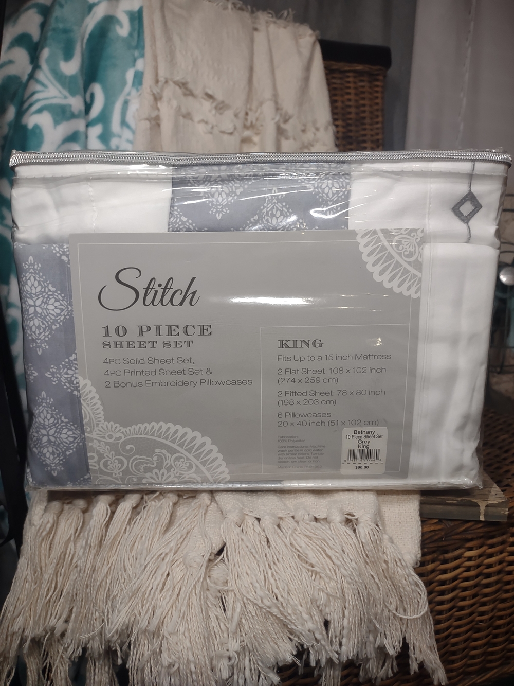 King 10-Piece Sheet Set in White and Light Gray